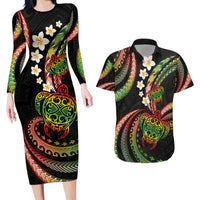 Hawaii Turtles Plumeria Couples Matching Long Sleeve Bodycon Dress and Hawaiian Shirt Reggae Polynesian Pattern