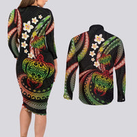 Hawaii Turtles Plumeria Couples Matching Long Sleeve Bodycon Dress and Long Sleeve Button Shirt Reggae Polynesian Pattern