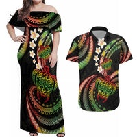 Hawaii Turtles Plumeria Couples Matching Off Shoulder Maxi Dress and Hawaiian Shirt Reggae Polynesian Pattern