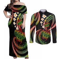 Hawaii Turtles Plumeria Couples Matching Off Shoulder Maxi Dress and Long Sleeve Button Shirt Reggae Polynesian Pattern