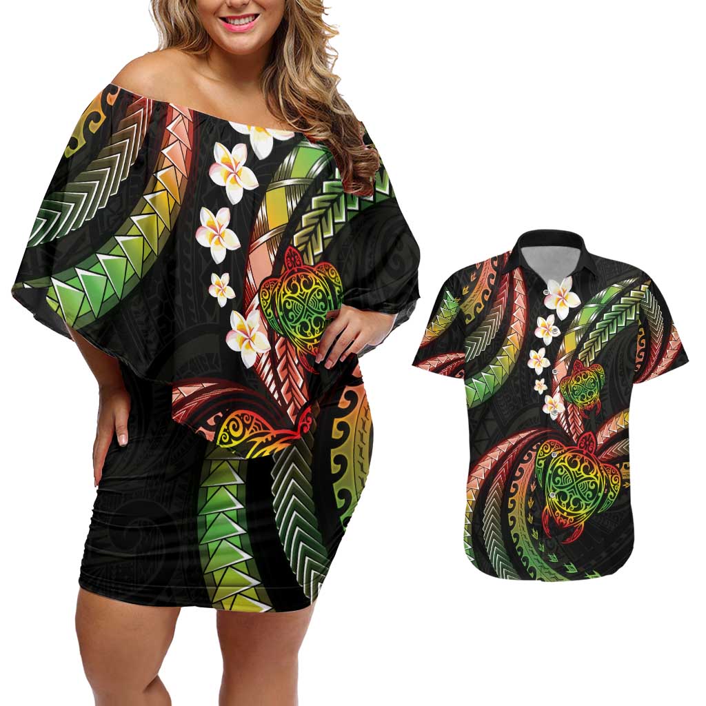 Hawaii Turtles Plumeria Couples Matching Off Shoulder Short Dress and Hawaiian Shirt Reggae Polynesian Pattern