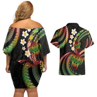 Hawaii Turtles Plumeria Couples Matching Off Shoulder Short Dress and Hawaiian Shirt Reggae Polynesian Pattern