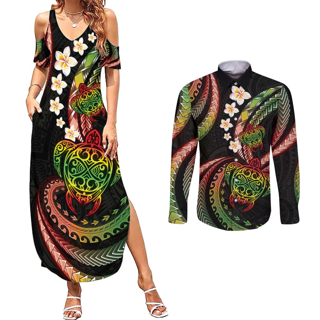 Hawaii Turtles Plumeria Couples Matching Summer Maxi Dress and Long Sleeve Button Shirt Reggae Polynesian Pattern