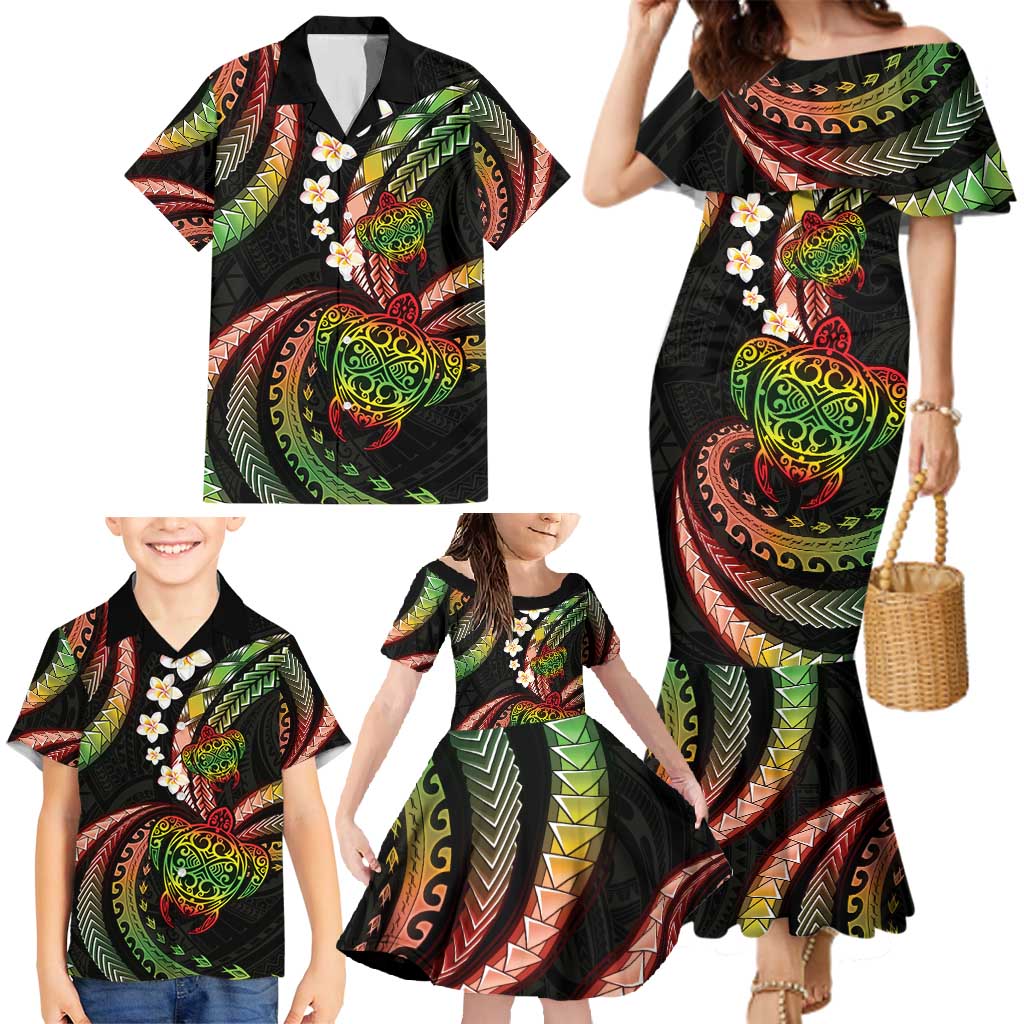 Hawaii Turtles Plumeria Family Matching Mermaid Dress and Hawaiian Shirt Reggae Polynesian Pattern