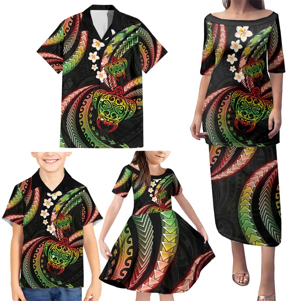 Hawaii Turtles Plumeria Family Matching Puletasi and Hawaiian Shirt Reggae Polynesian Pattern