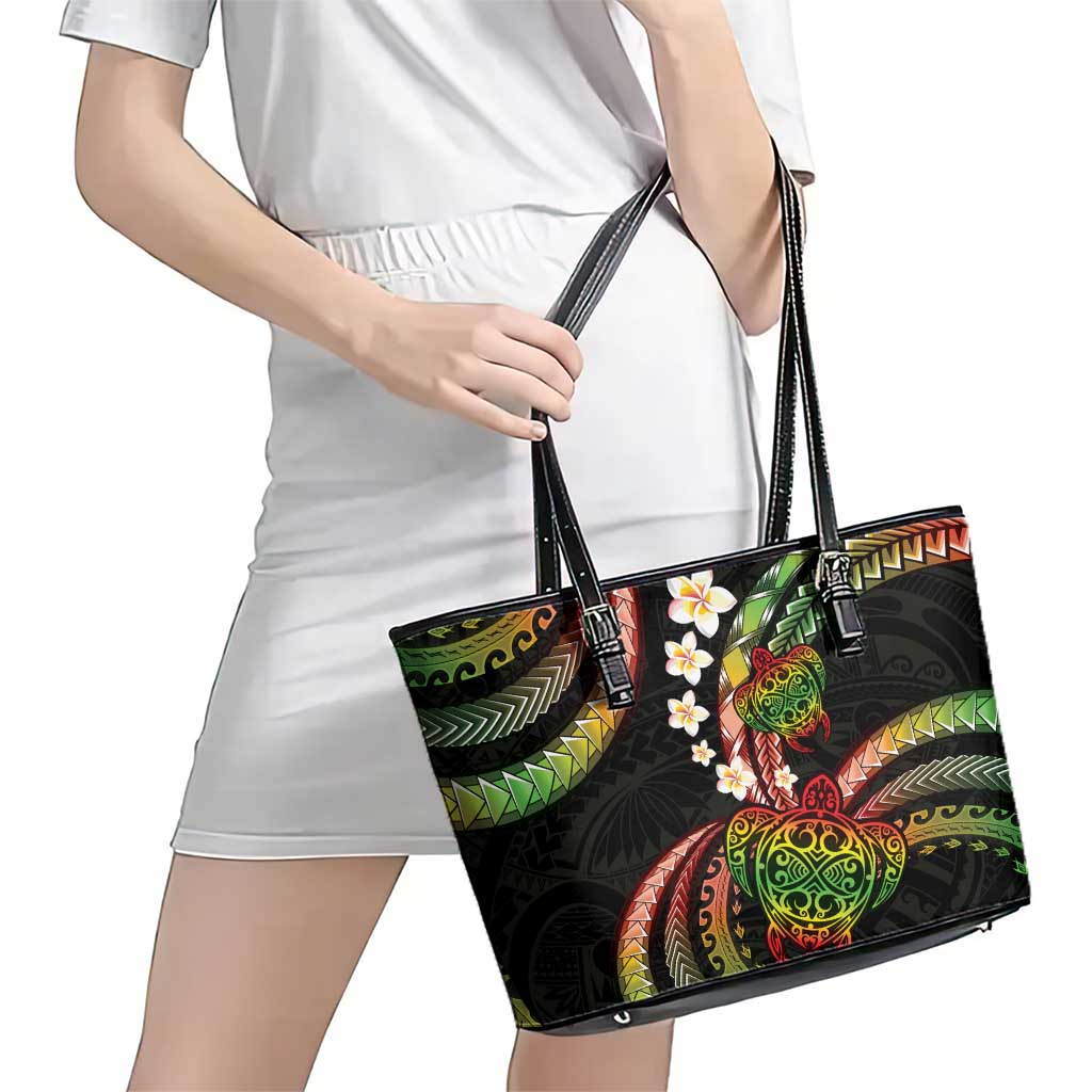 Hawaii Turtles Plumeria Leather Tote Bag Reggae Polynesian Pattern