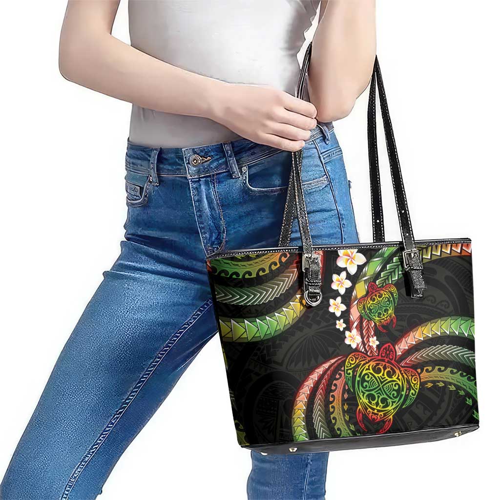 Hawaii Turtles Plumeria Leather Tote Bag Reggae Polynesian Pattern