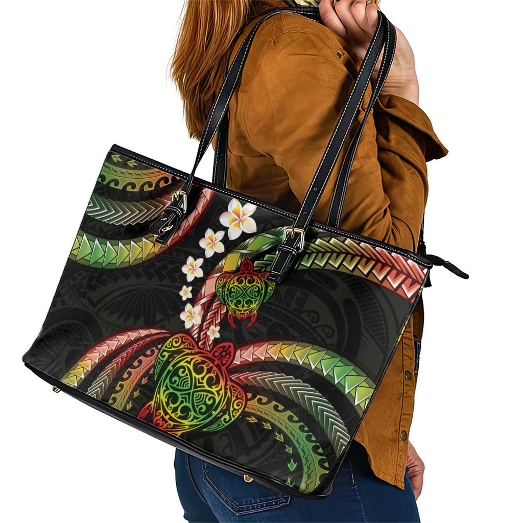 Hawaii Turtles Plumeria Leather Tote Bag Reggae Polynesian Pattern