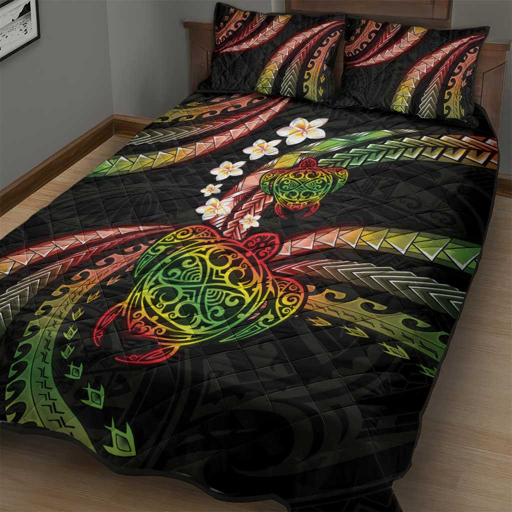 Hawaii Turtles Plumeria Quilt Bed Set Reggae Polynesian Pattern