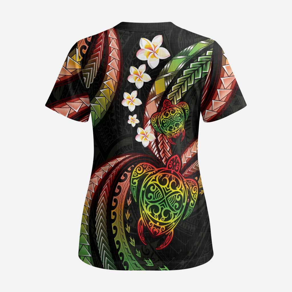Hawaii Turtles Plumeria Scrub Top Reggae Polynesian Pattern - Polynesian Pride