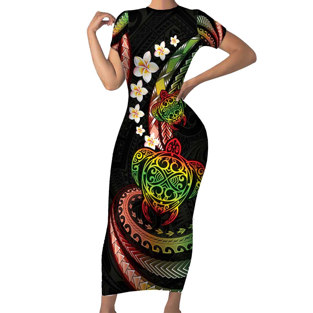 Hawaii Turtles Plumeria Short Sleeve Bodycon Dress Reggae Polynesian Pattern