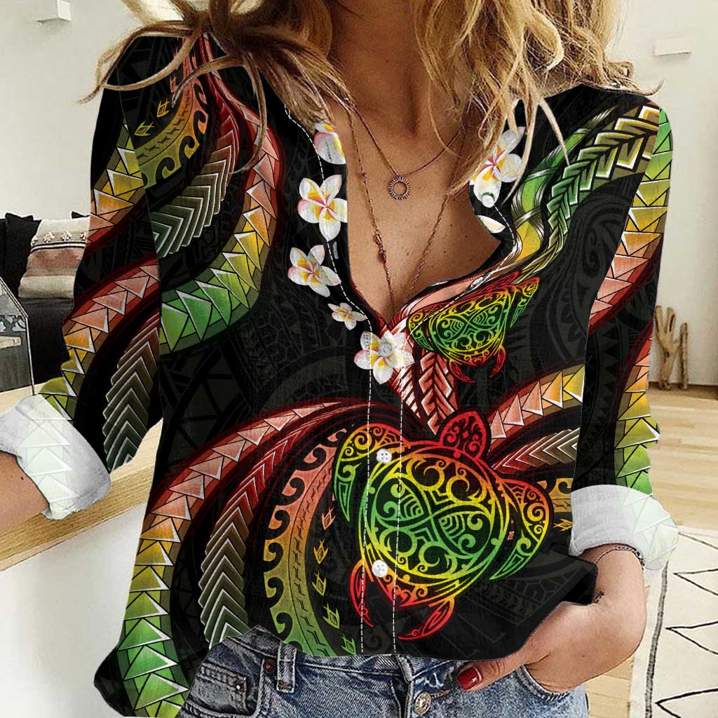 Hawaii Turtles Plumeria Women Casual Shirt Reggae Polynesian Pattern