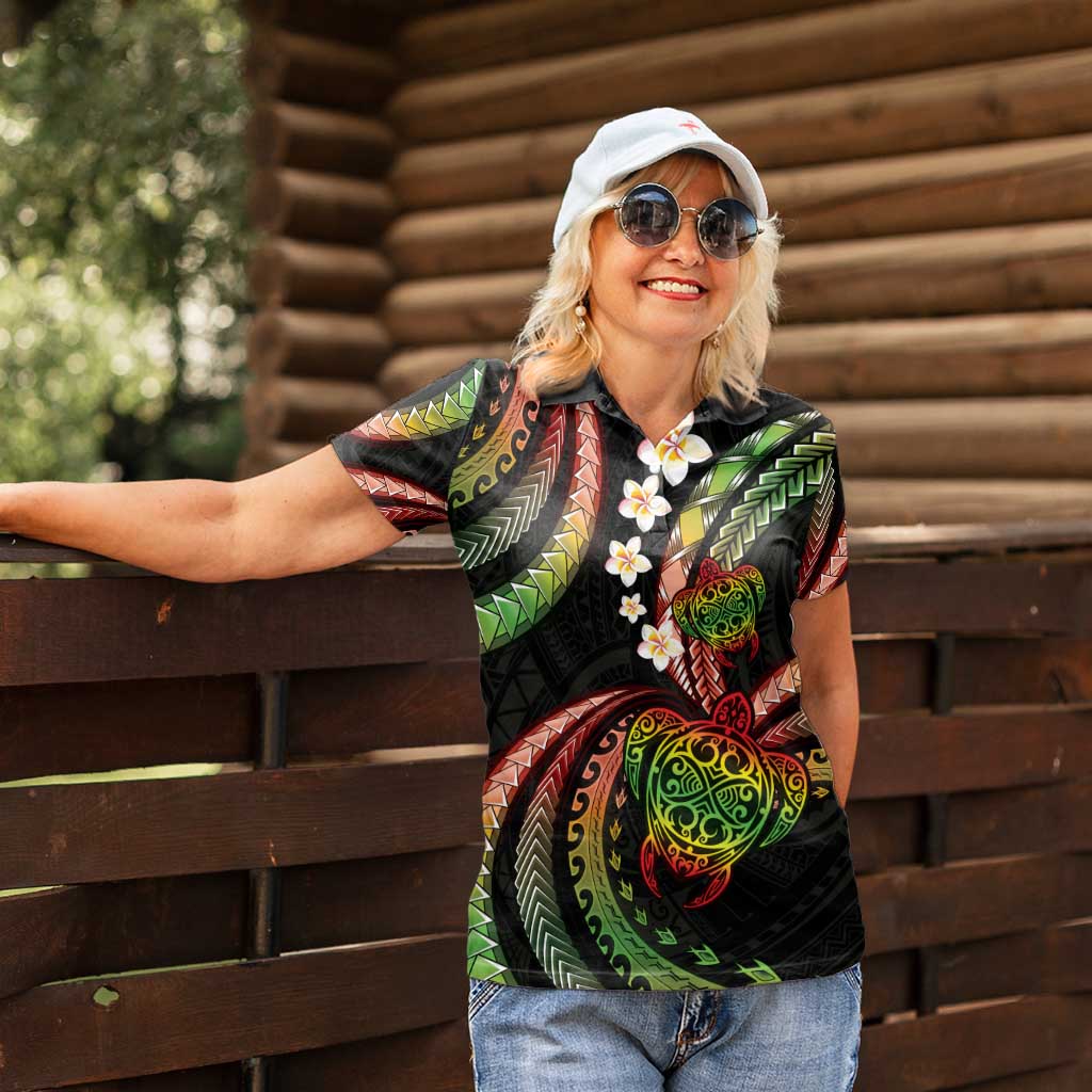 Hawaii Turtles Plumeria Women Polo Shirt Reggae Polynesian Pattern