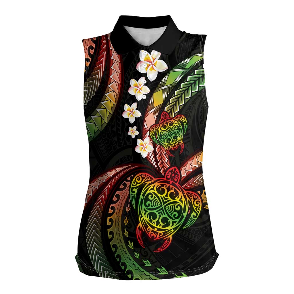 Hawaii Turtles Plumeria Women Sleeveless Polo Shirt Reggae Polynesian Pattern