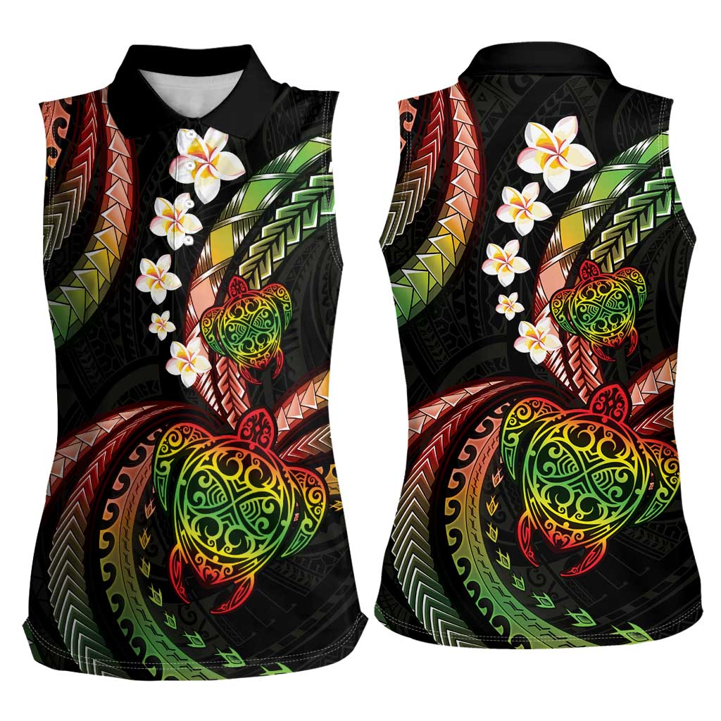 Hawaii Turtles Plumeria Women Sleeveless Polo Shirt Reggae Polynesian Pattern