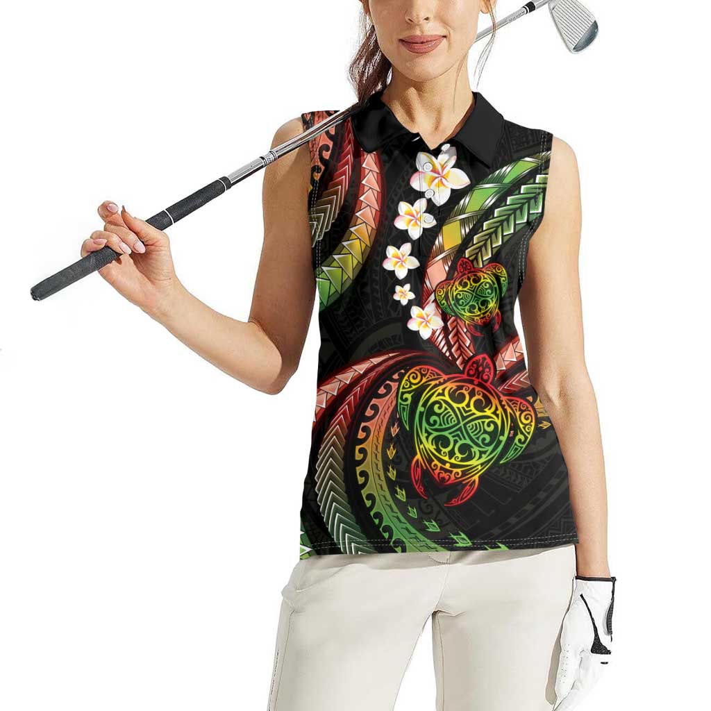 Hawaii Turtles Plumeria Women Sleeveless Polo Shirt Reggae Polynesian Pattern