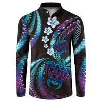 Hawaii Turtles Plumeria Button Sweatshirt Amethyst Gradient Polynesian Pattern