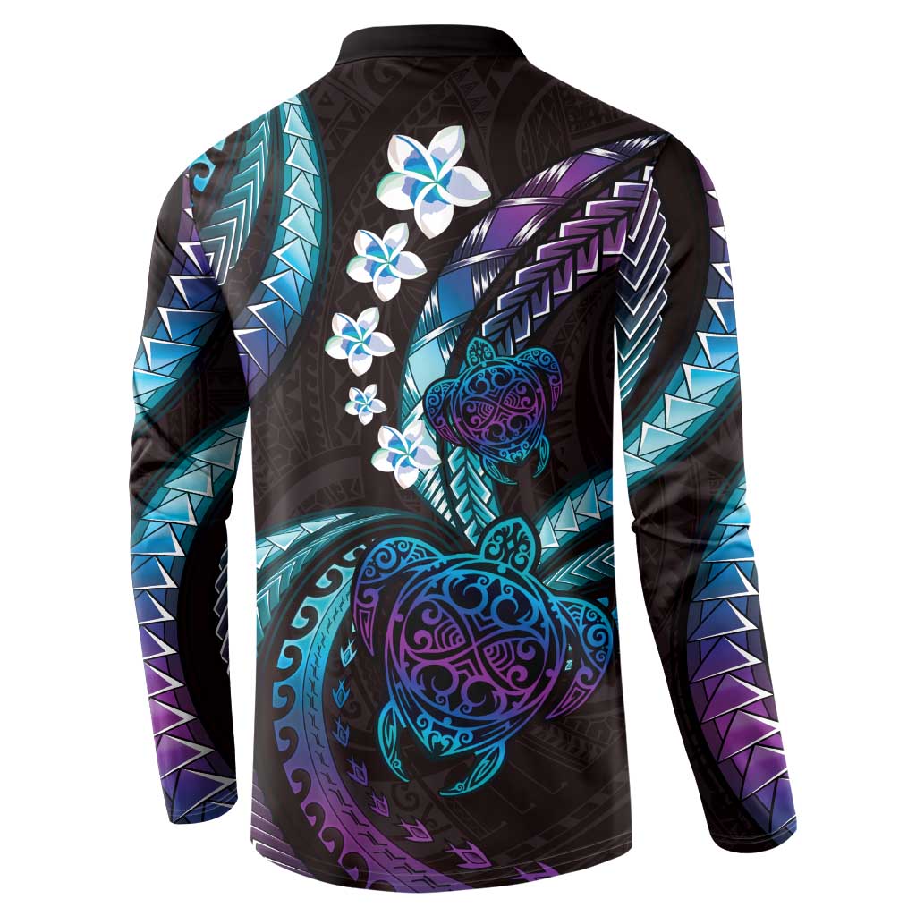Hawaii Turtles Plumeria Button Sweatshirt Amethyst Gradient Polynesian Pattern