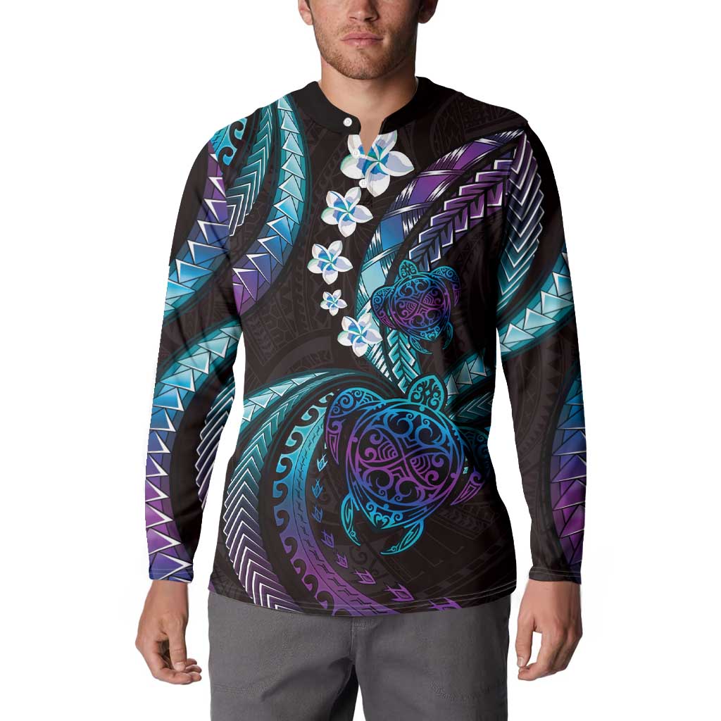 Hawaii Turtles Plumeria Button Sweatshirt Amethyst Gradient Polynesian Pattern