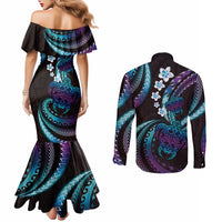 Hawaii Turtles Plumeria Couples Matching Mermaid Dress and Long Sleeve Button Shirt Amethyst Gradient Polynesian Pattern