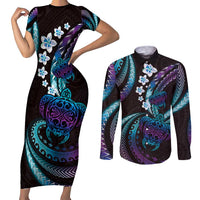 Hawaii Turtles Plumeria Couples Matching Short Sleeve Bodycon Dress and Long Sleeve Button Shirt Amethyst Gradient Polynesian Pattern