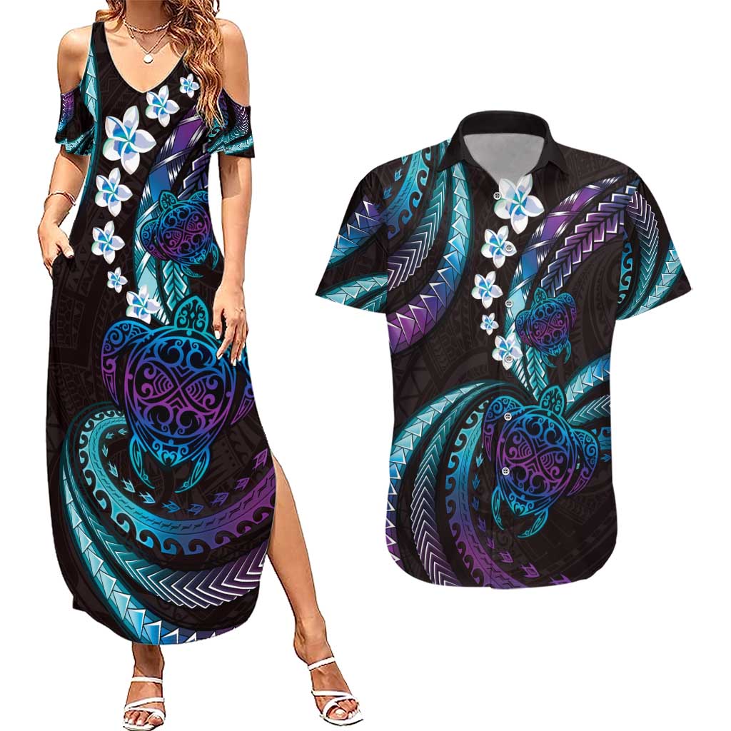 Hawaii Turtles Plumeria Couples Matching Summer Maxi Dress and Hawaiian Shirt Amethyst Gradient Polynesian Pattern