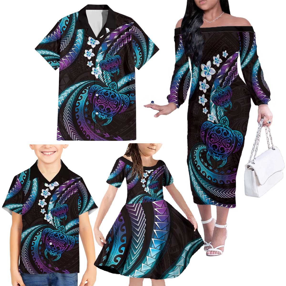 Hawaii Turtles Plumeria Family Matching Off The Shoulder Long Sleeve Dress and Hawaiian Shirt Amethyst Gradient Polynesian Pattern
