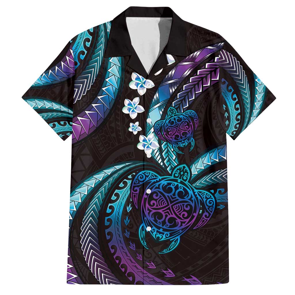 Hawaii Turtles Plumeria Family Matching Off Shoulder Short Dress and Hawaiian Shirt Amethyst Gradient Polynesian Pattern