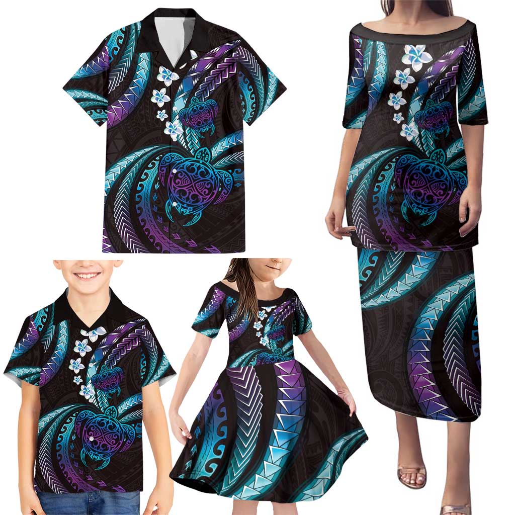 Hawaii Turtles Plumeria Family Matching Puletasi and Hawaiian Shirt Amethyst Gradient Polynesian Pattern