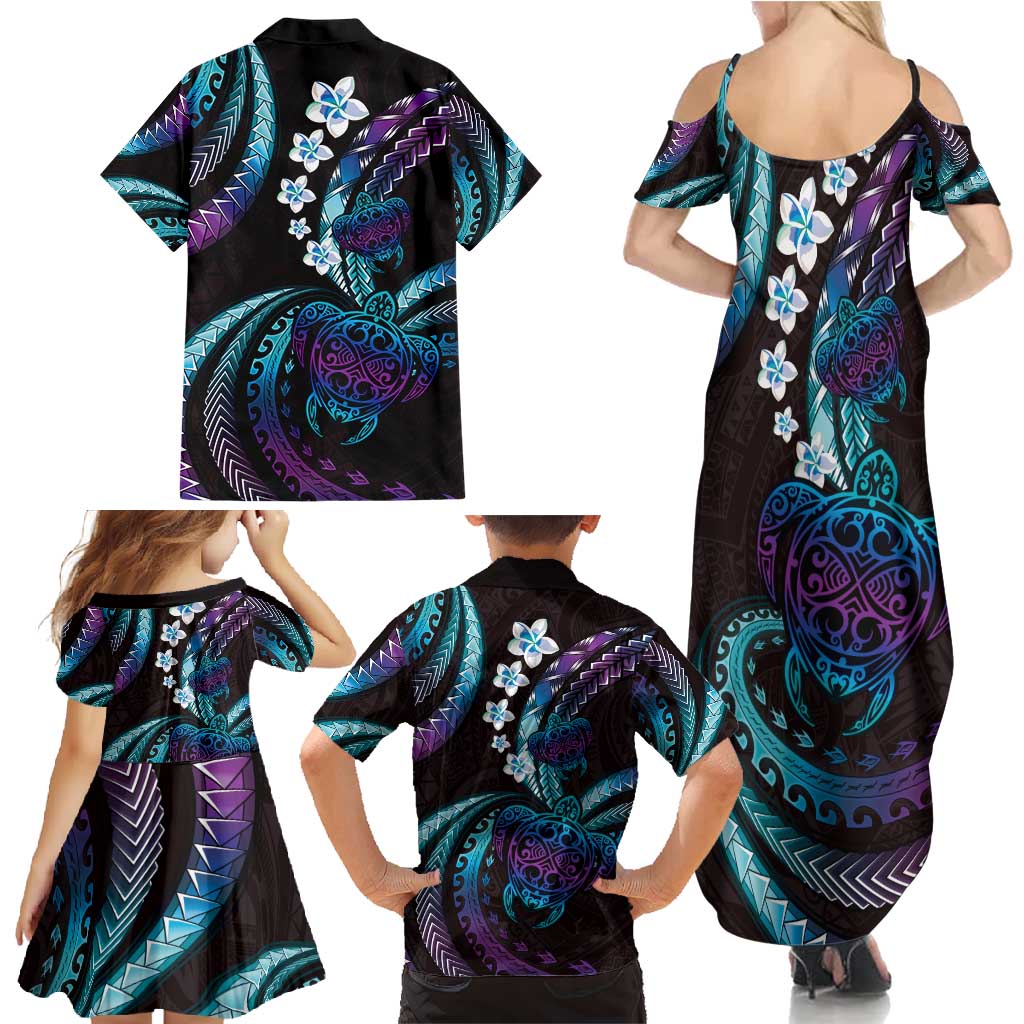 Hawaii Turtles Plumeria Family Matching Summer Maxi Dress and Hawaiian Shirt Amethyst Gradient Polynesian Pattern