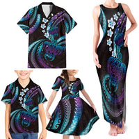 Hawaii Turtles Plumeria Family Matching Tank Maxi Dress and Hawaiian Shirt Amethyst Gradient Polynesian Pattern