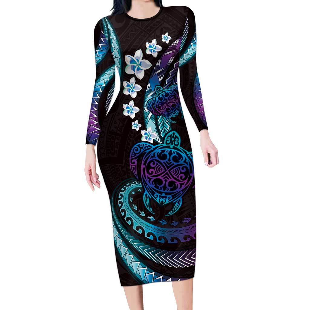 Hawaii Turtles Plumeria Long Sleeve Bodycon Dress Amethyst Gradient Polynesian Pattern