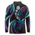 Hawaii Turtles Plumeria Long Sleeve Polo Shirt Amethyst Gradient Polynesian Pattern