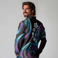 Hawaii Turtles Plumeria Long Sleeve Polo Shirt Amethyst Gradient Polynesian Pattern