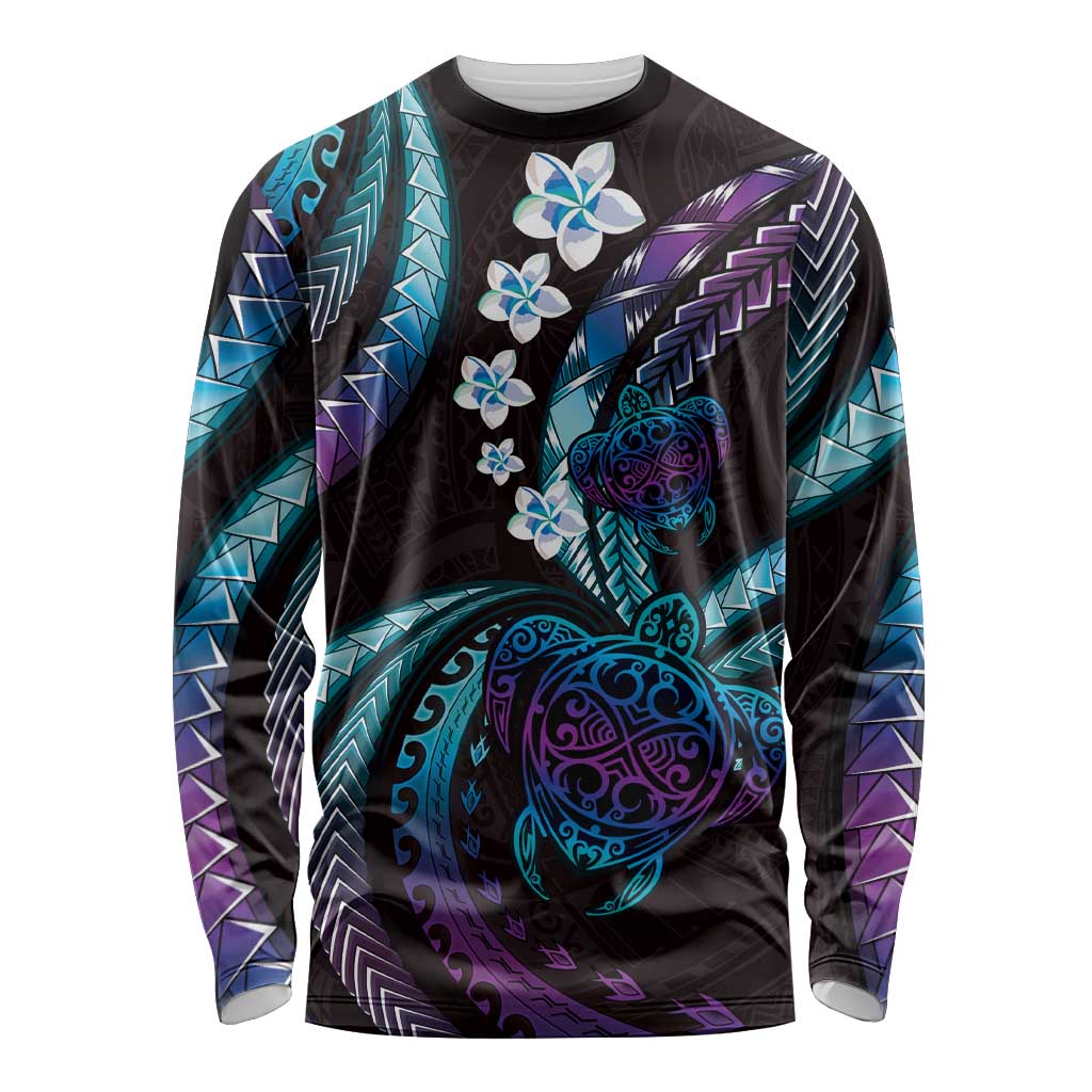 Hawaii Turtles Plumeria Long Sleeve Shirt Amethyst Gradient Polynesian Pattern