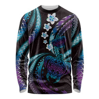 Hawaii Turtles Plumeria Long Sleeve Shirt Amethyst Gradient Polynesian Pattern