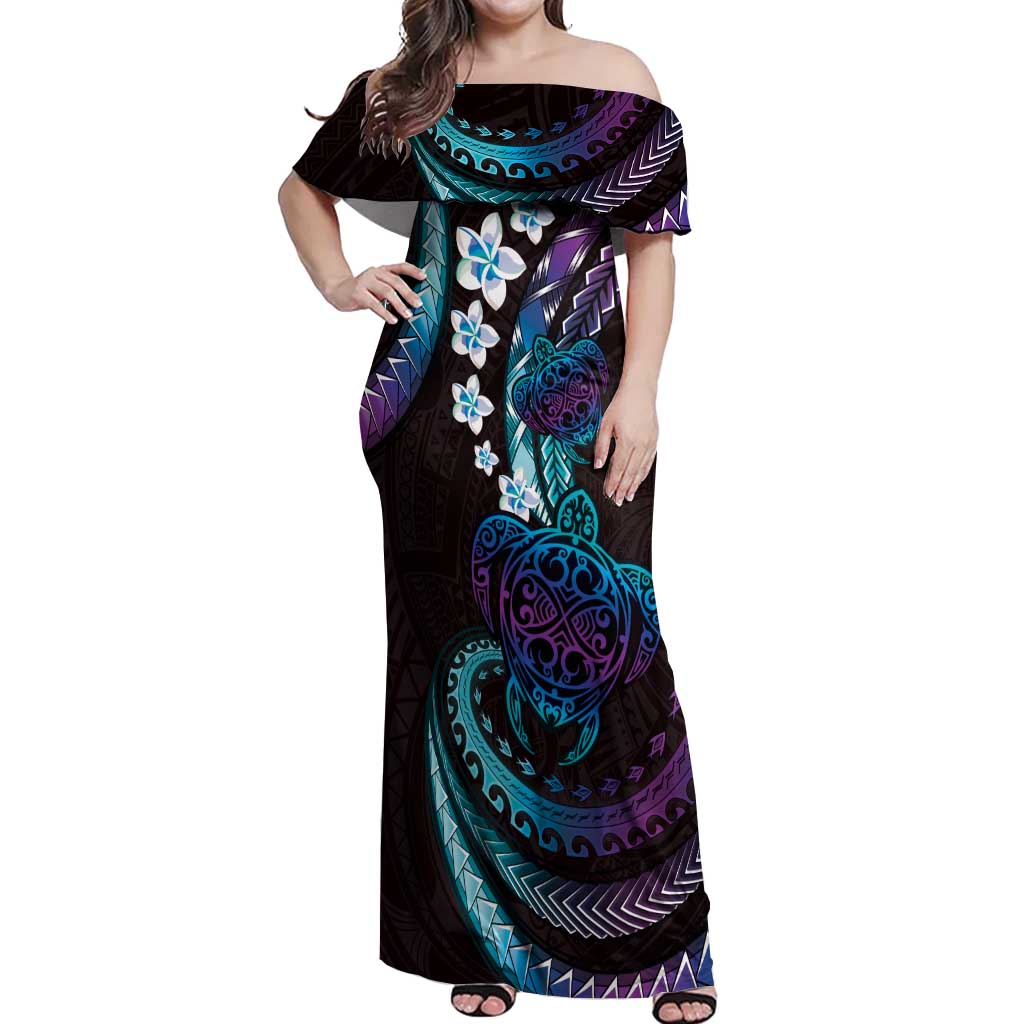 Hawaii Turtles Plumeria Off Shoulder Maxi Dress Amethyst Gradient Polynesian Pattern
