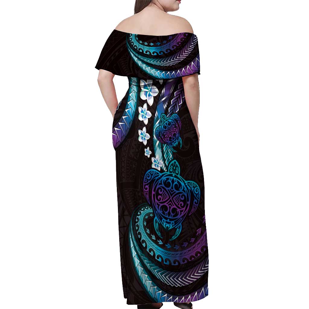 Hawaii Turtles Plumeria Off Shoulder Maxi Dress Amethyst Gradient Polynesian Pattern