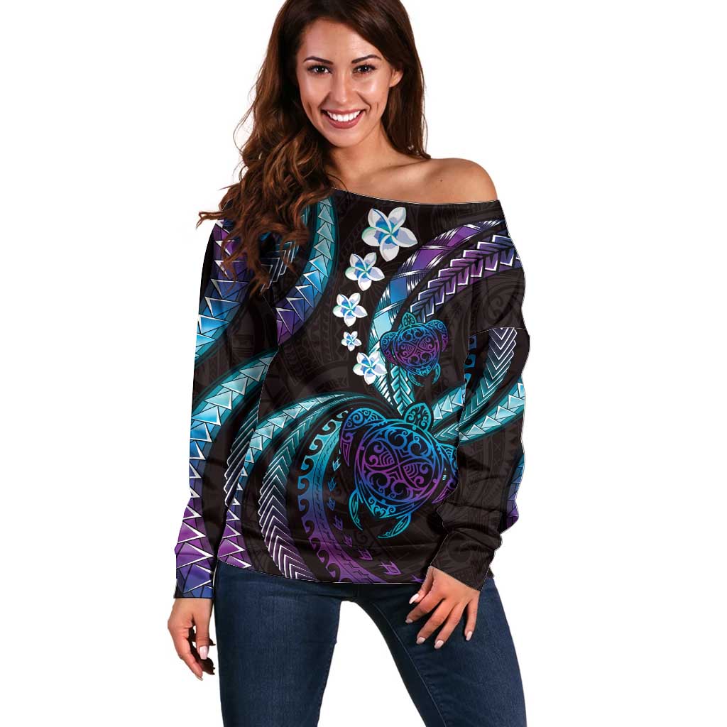 Hawaii Turtles Plumeria Off Shoulder Sweater Amethyst Gradient Polynesian Pattern