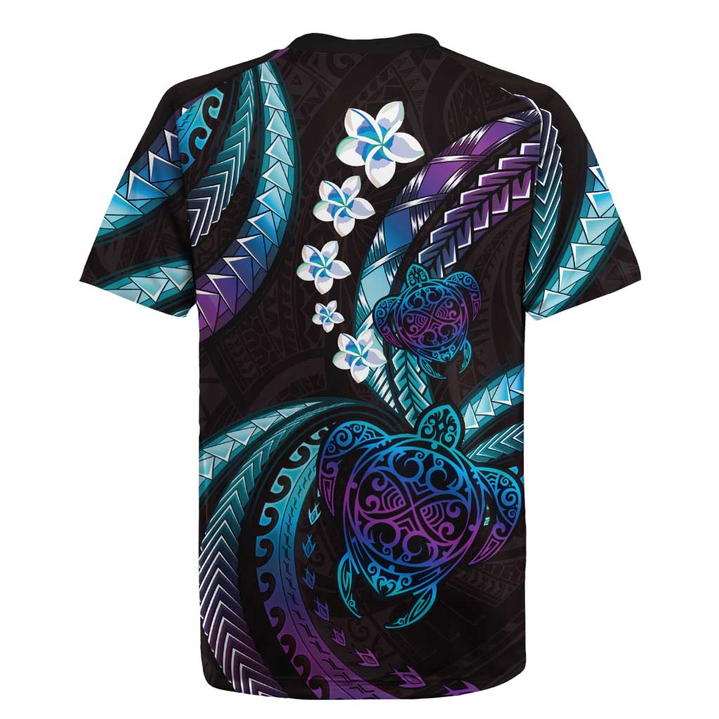 Hawaii Turtles Plumeria Rugby Jersey Amethyst Gradient Polynesian Pattern