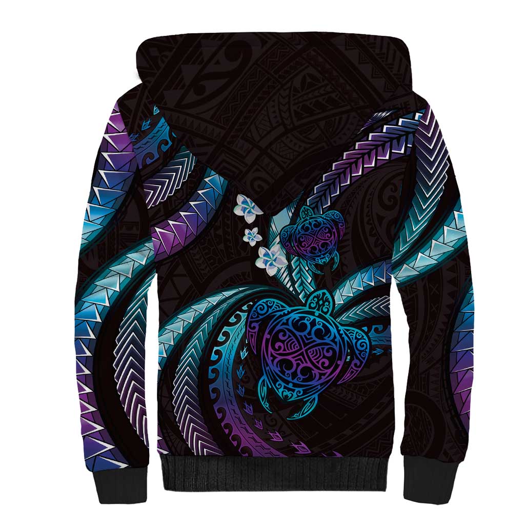 Hawaii Turtles Plumeria Sherpa Hoodie Amethyst Gradient Polynesian Pattern