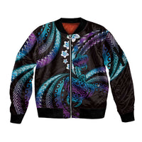 Hawaii Turtles Plumeria Sleeve Zip Bomber Jacket Amethyst Gradient Polynesian Pattern