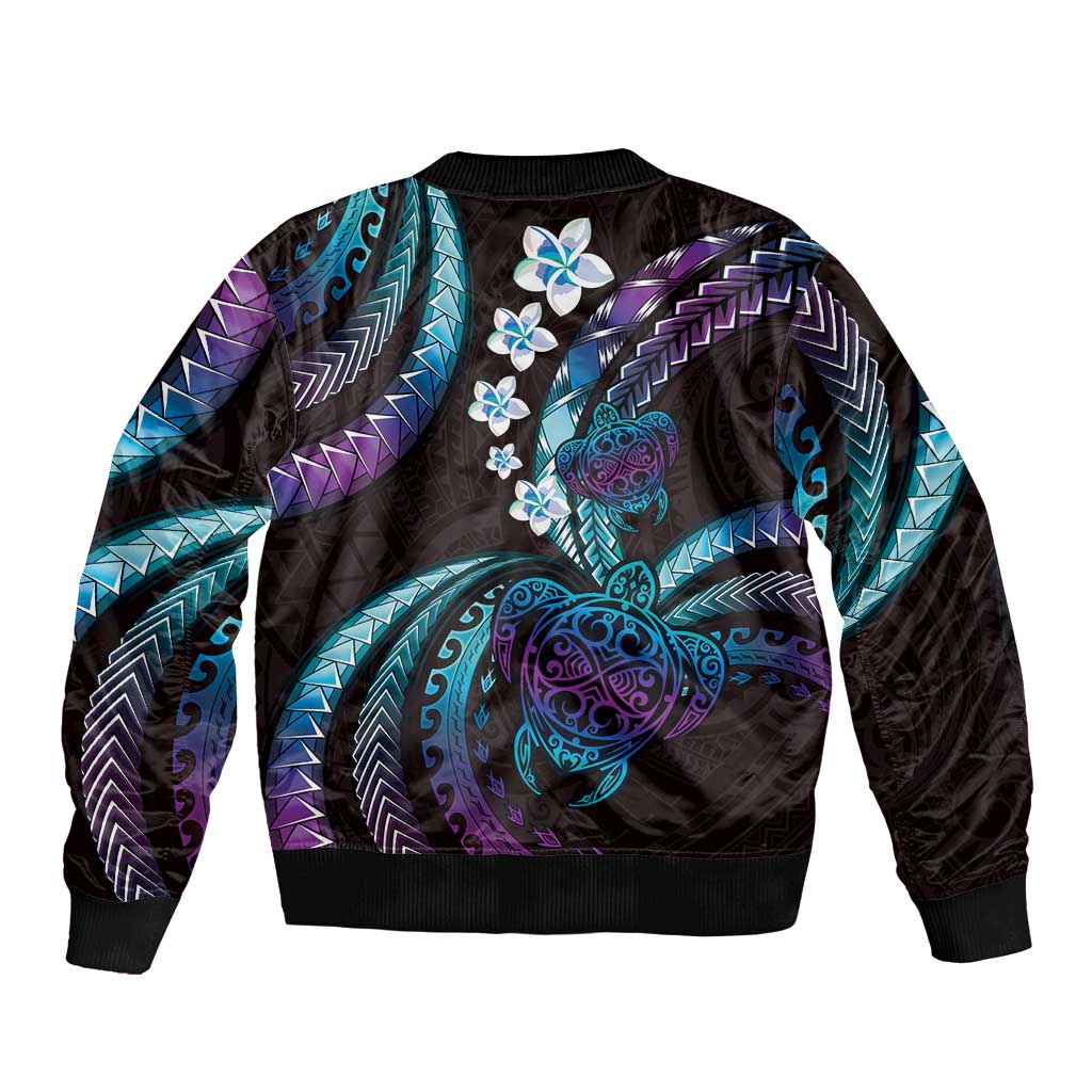 Hawaii Turtles Plumeria Sleeve Zip Bomber Jacket Amethyst Gradient Polynesian Pattern