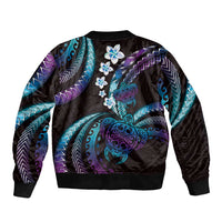 Hawaii Turtles Plumeria Sleeve Zip Bomber Jacket Amethyst Gradient Polynesian Pattern