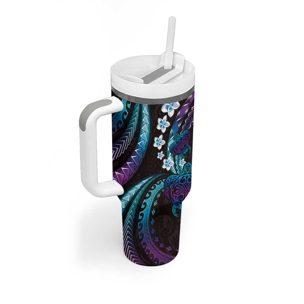 Hawaii Turtles Plumeria Tumbler With Handle Amethyst Gradient Polynesian Pattern