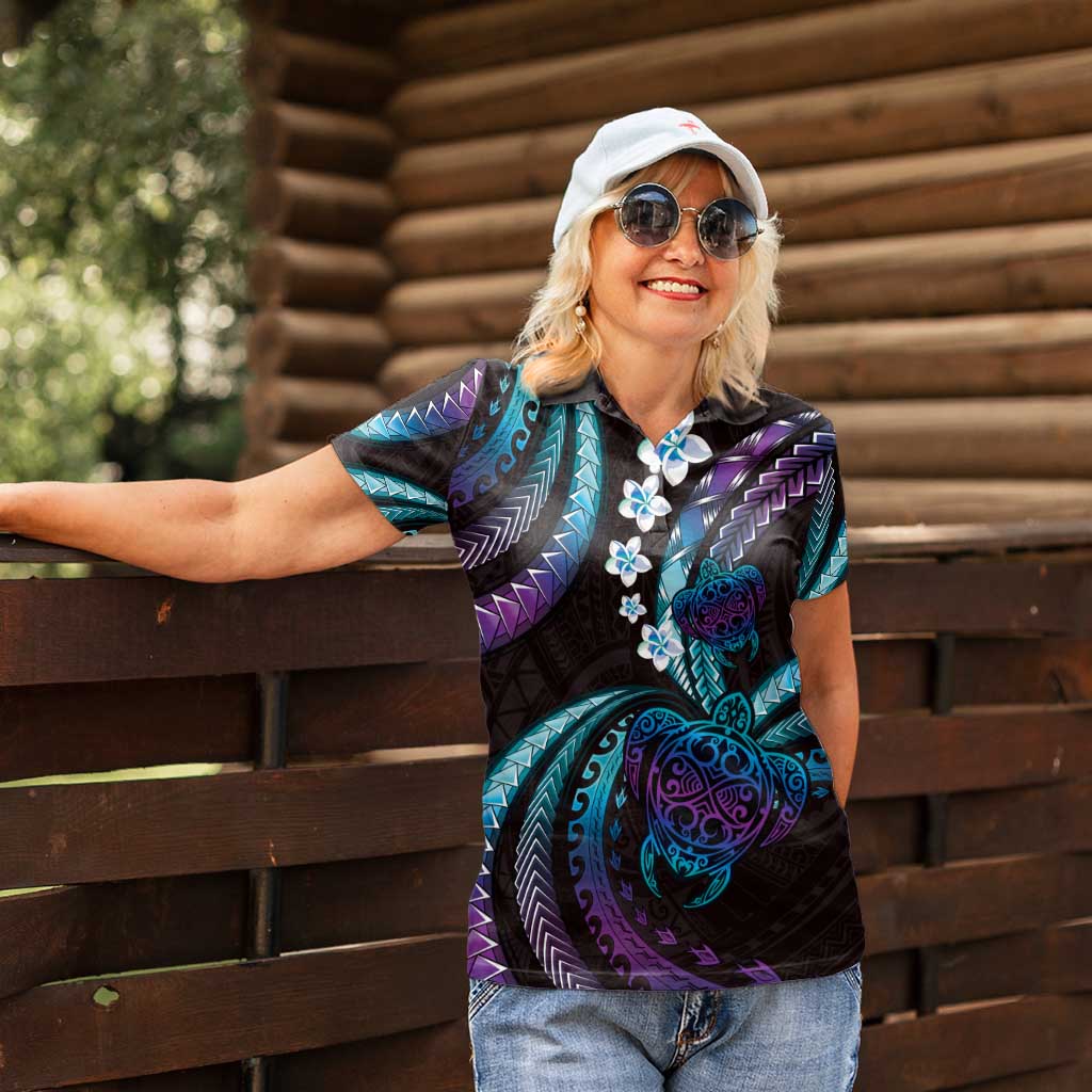 Hawaii Turtles Plumeria Women Polo Shirt Amethyst Gradient Polynesian Pattern