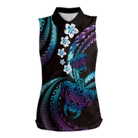 Hawaii Turtles Plumeria Women Sleeveless Polo Shirt Amethyst Gradient Polynesian Pattern