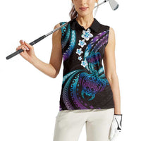 Hawaii Turtles Plumeria Women Sleeveless Polo Shirt Amethyst Gradient Polynesian Pattern