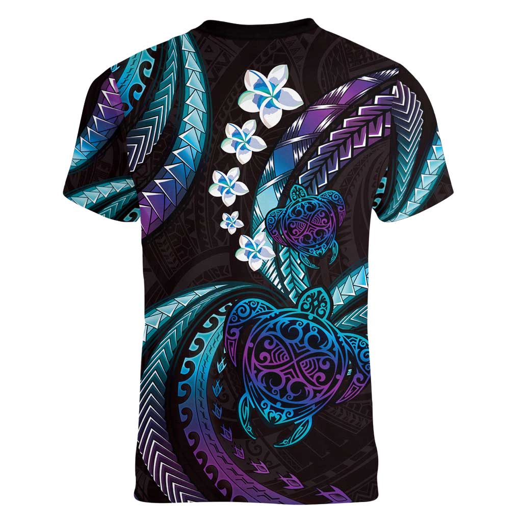 Hawaii Turtles Plumeria Women V-Neck T-Shirt Amethyst Gradient Polynesian Pattern