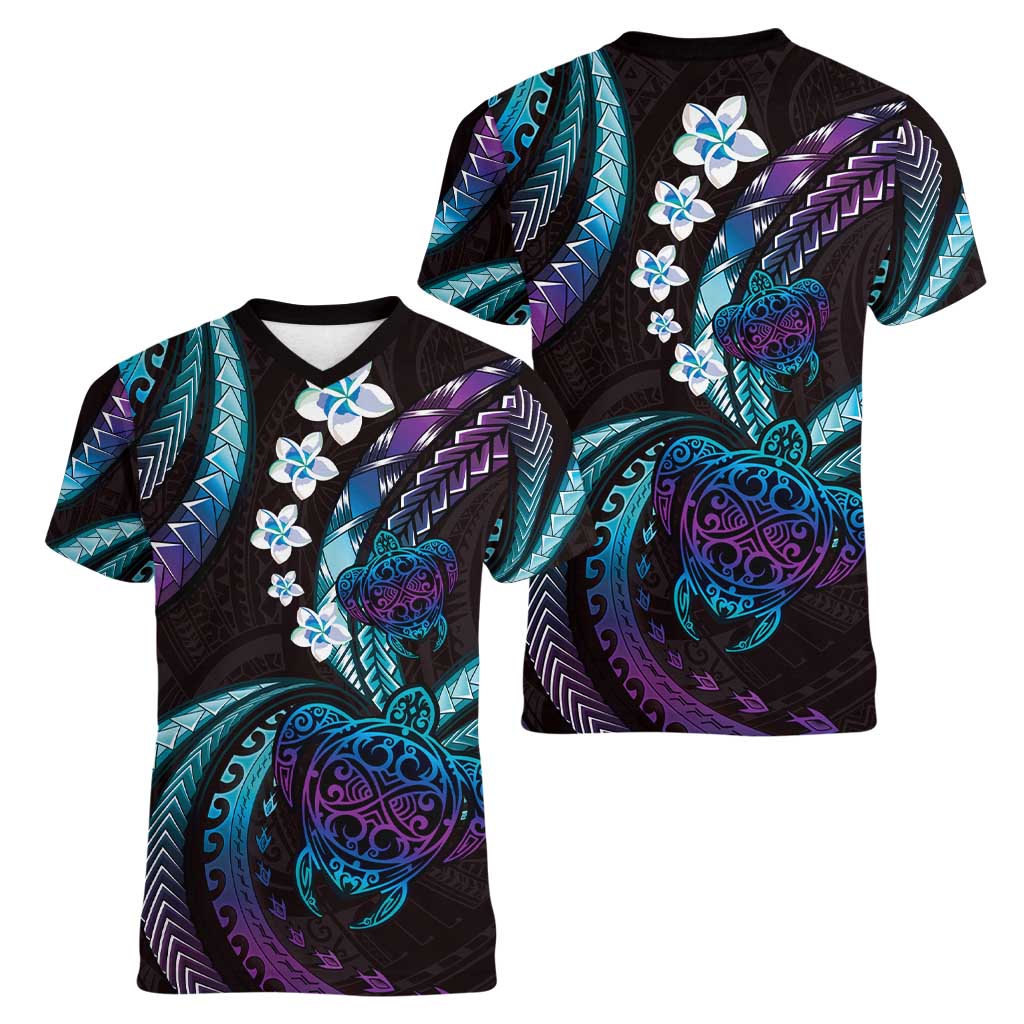 Hawaii Turtles Plumeria Women V-Neck T-Shirt Amethyst Gradient Polynesian Pattern